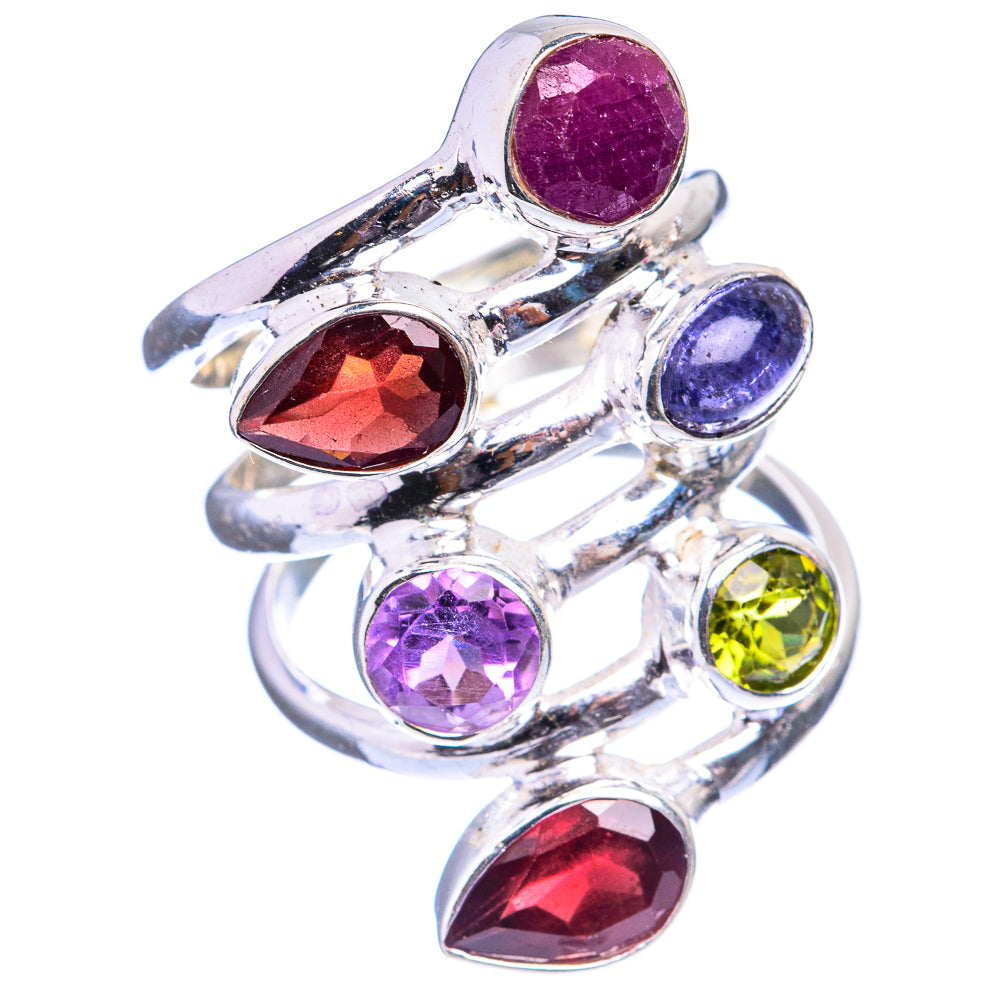 Sterling silver multi-stone ring with prong-set purple, red, and yellow gemstones