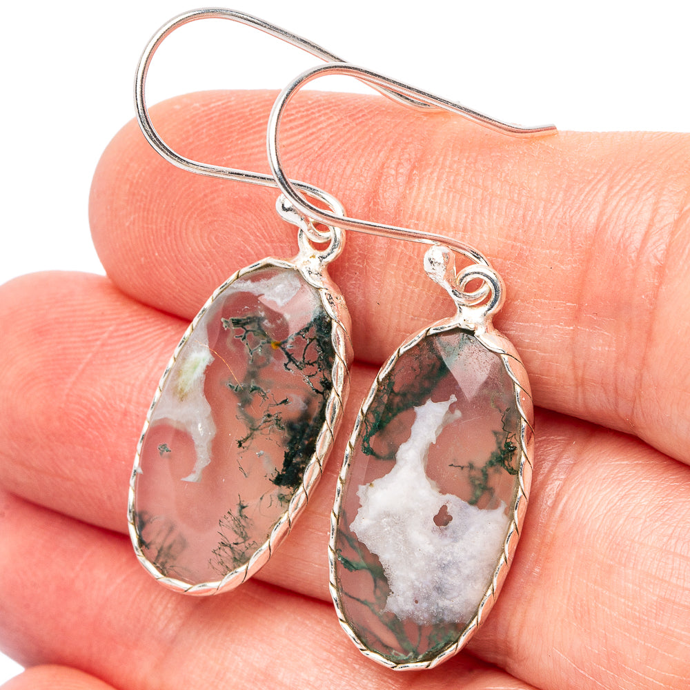 Sterling silver drop earrings with oval green moss agate stones and loop hooks