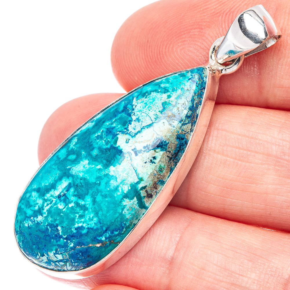 Shattuckite pendant in teardrop turquoise stone with 925 sterling silver bail