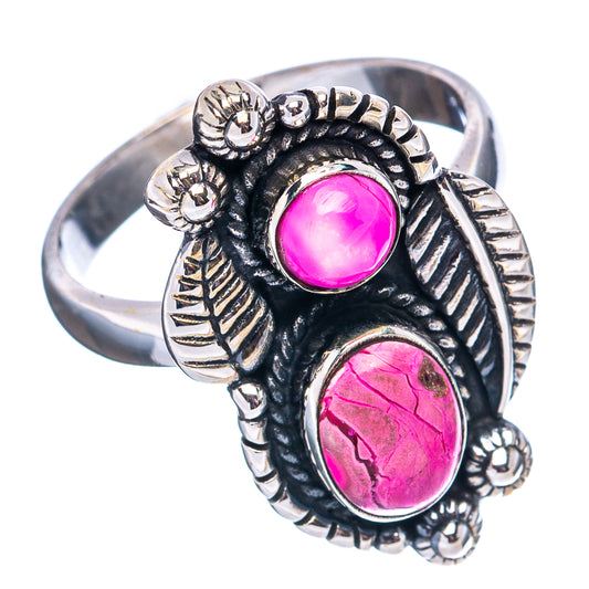 Sterling silver statement ring with black leaf filigree and two oval pink stones, size 7