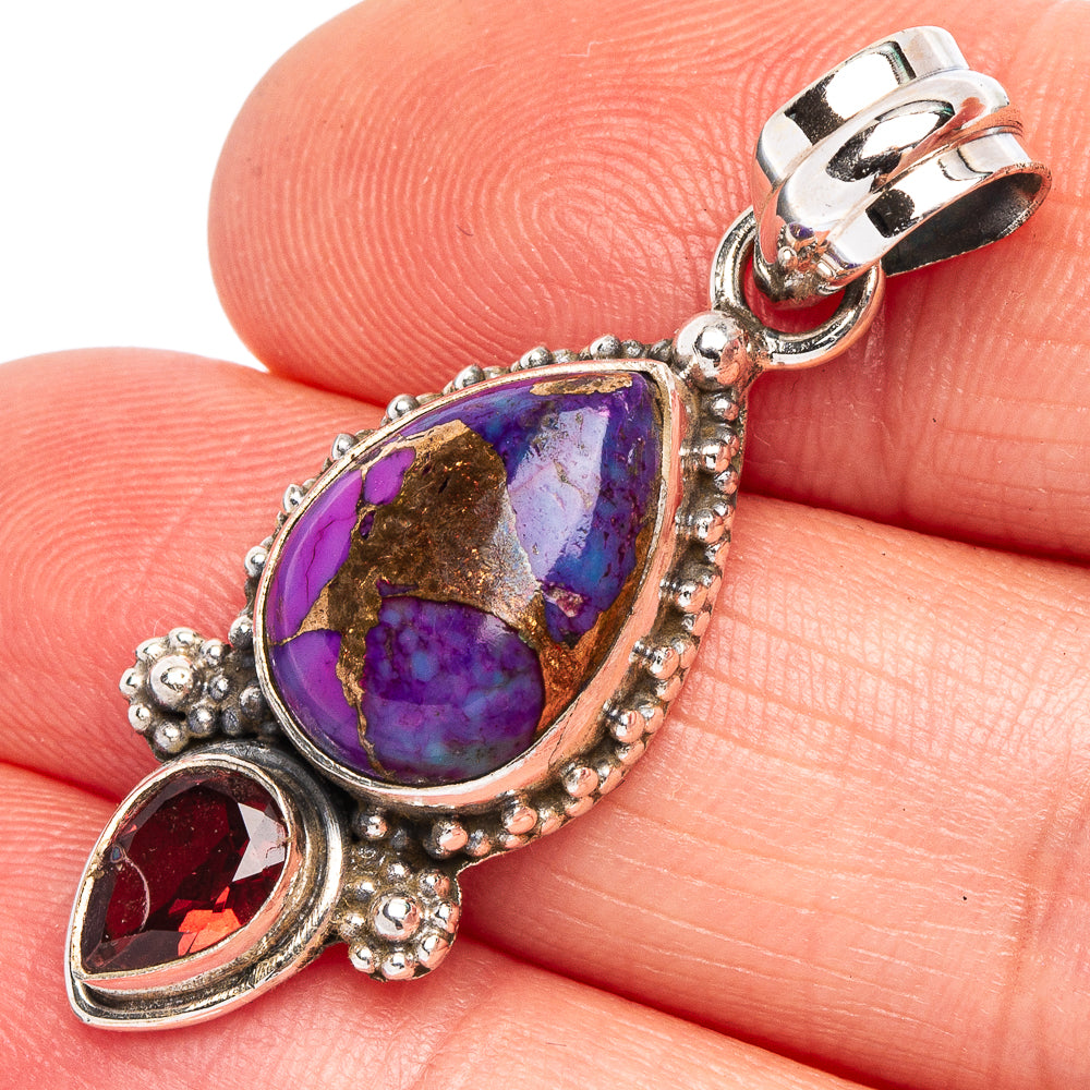 Purple Copper Composite Turquoise, Garnet Pendant 1 1/2" (925 Sterling Silver) P44945