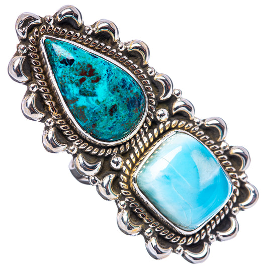 Ornate sterling silver ring with turquoise marbled teardrop and blue oval cabochons