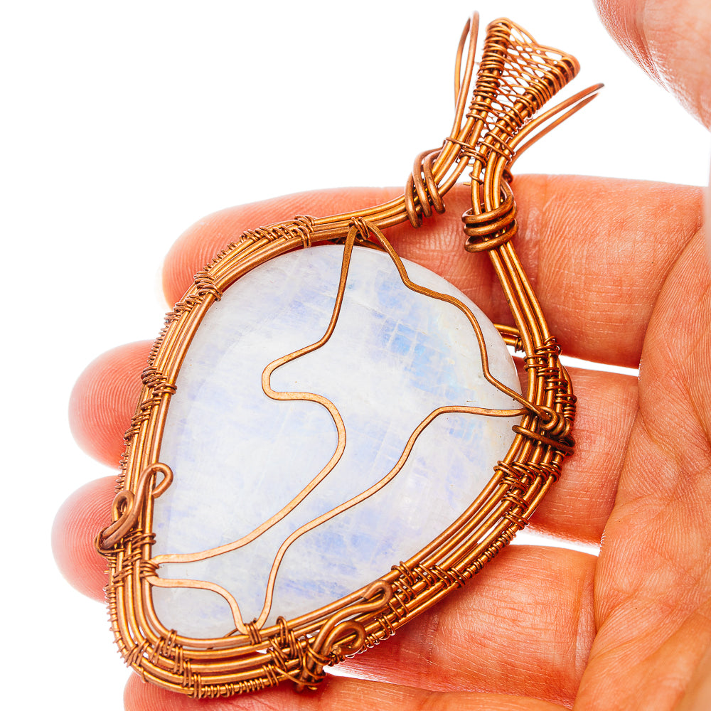 Rainbow Moonstone Wire Wrap Pendant 3 1/4" (Copper)