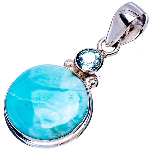 Oval Larimar pendant with blue topaz stone and .925 sterling silver bail