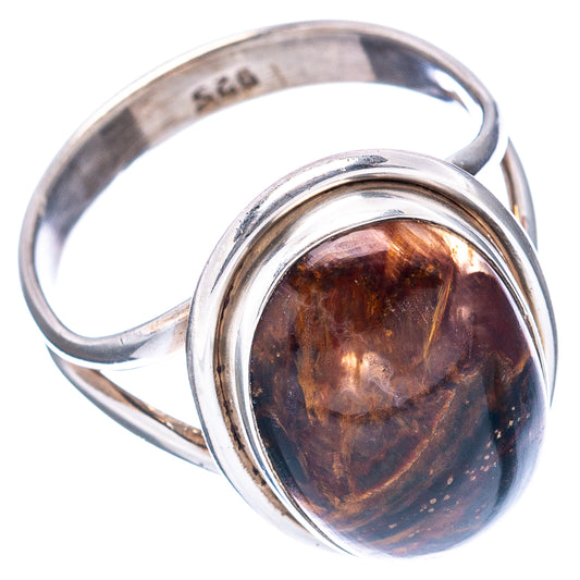 Sterling silver oval pietersite ring with dark brown and gold stone, size 9