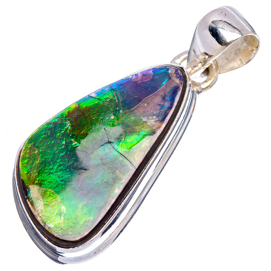 Sterling silver teardrop ammolite pendant with bright green, blue, and purple shimmer