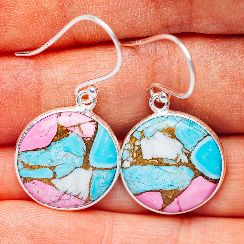 Pink Dahlia Turquoise Earrings 1 3/8" (.925 Sterling Silver)