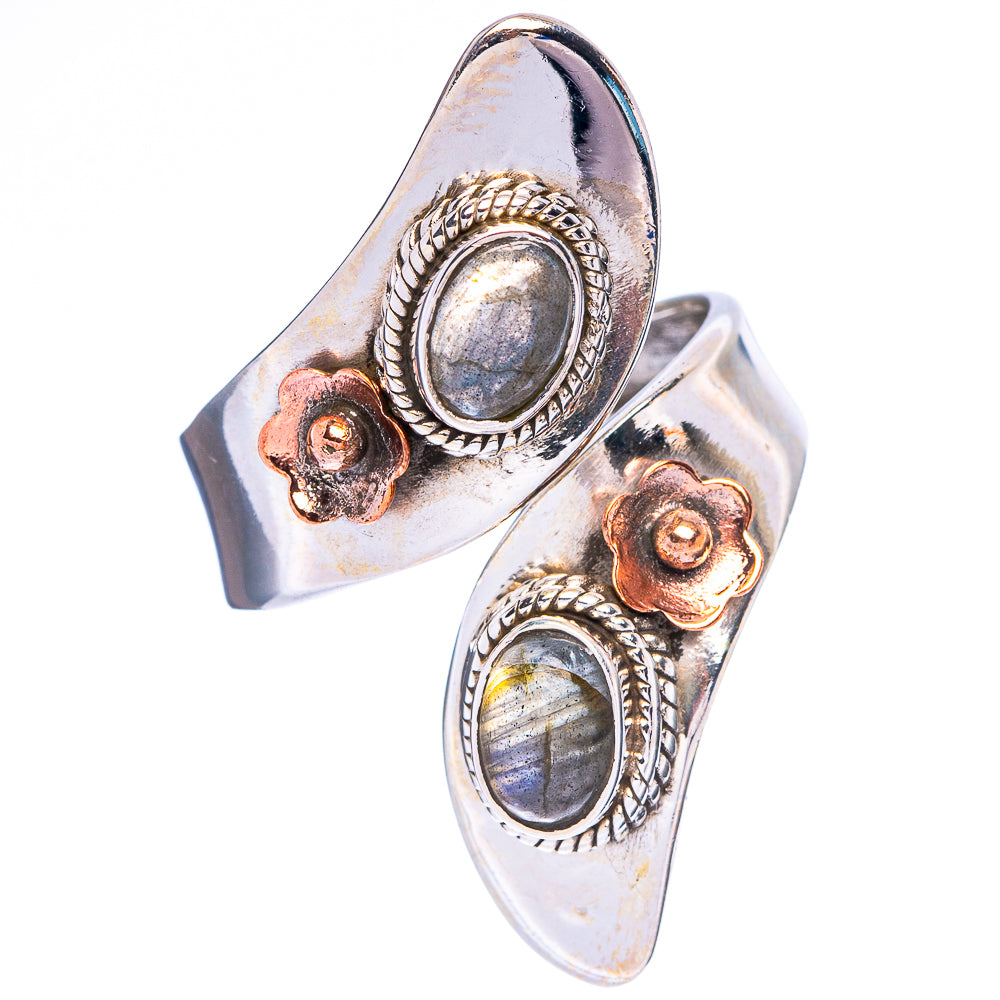 Silver statement ring with oval labradorite cabochons, flower accents, and rope bezels