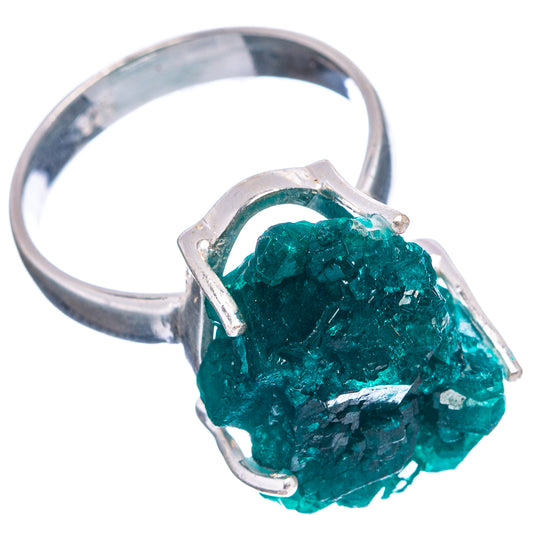 Green dioptase crystal ring with open prong setting on .925 sterling silver band