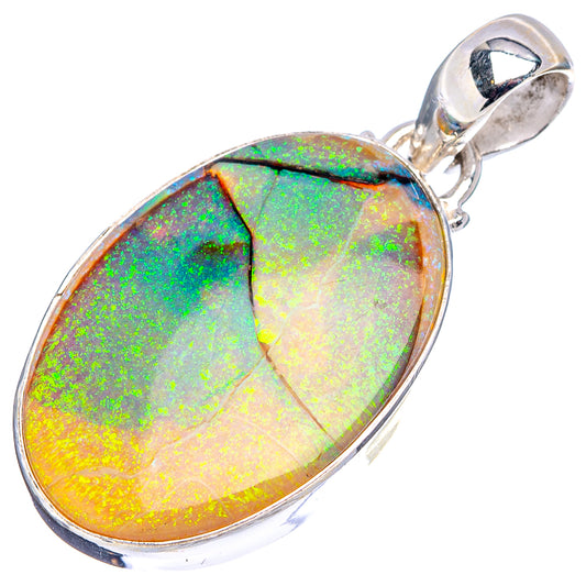 Sterling silver oval opal pendant, bright iridescent green with yellow highlights