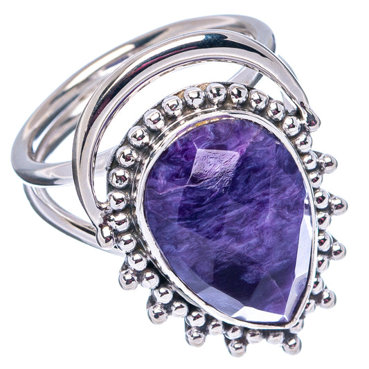 925 sterling silver Charoite ring with oval purple gemstone and raised beaded border