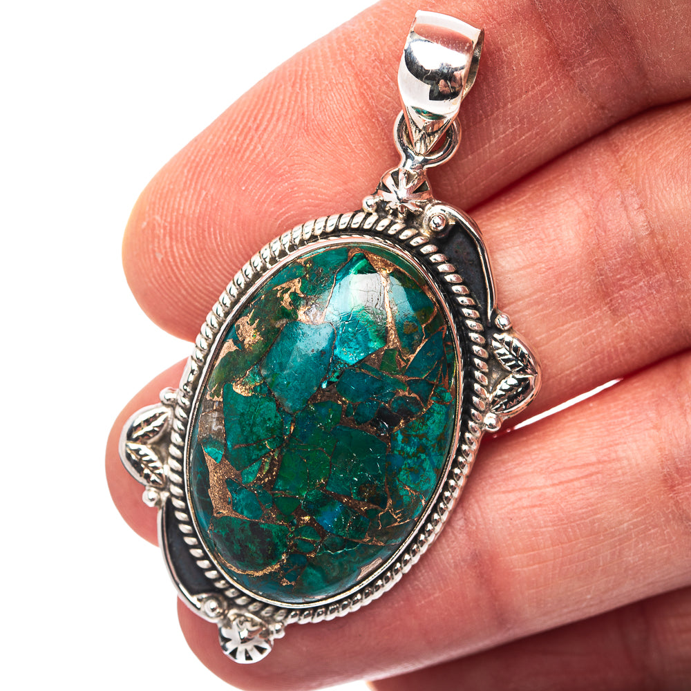 Premium Southwestern Style Copper Chrysocolla Pendant 2" (.925 Sterling Silver)