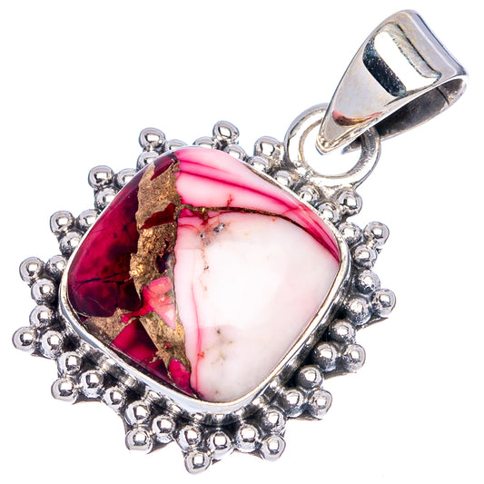 Sterling silver pendant with beaded frame and oval pink/red/white cabochon