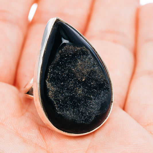 Premium Black Agate Druzy Ring Size 8.75 (.925 Sterling Silver)
