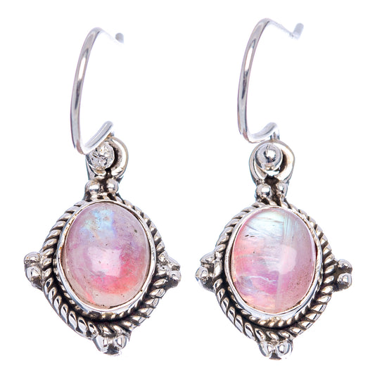 Sterling silver pink moonstone drop earrings, teardrop lever dangles with carved border