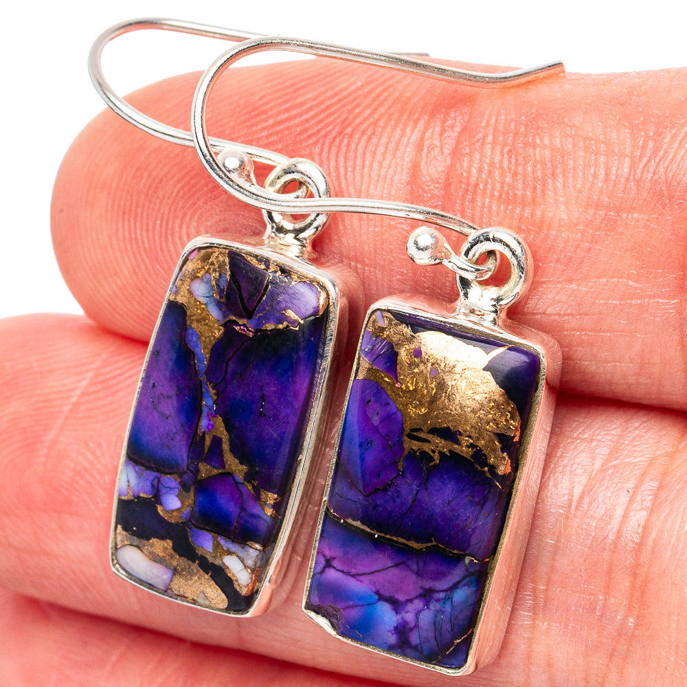 Sterling silver dangle earrings with rectangular purple and turquoise stone panels