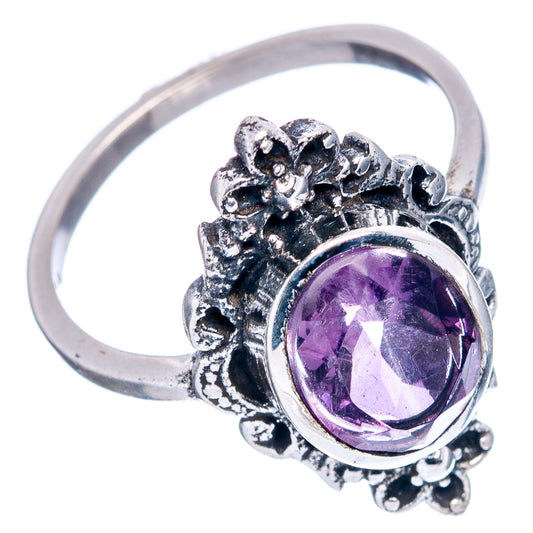 Sterling silver amethyst ring, purple oval gemstone with detailed floral band