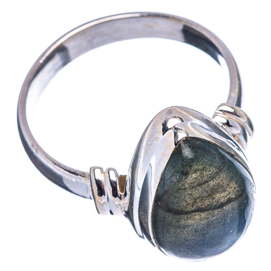 925 sterling silver labradorite ring with oval blue-gray stone, raised round bezel