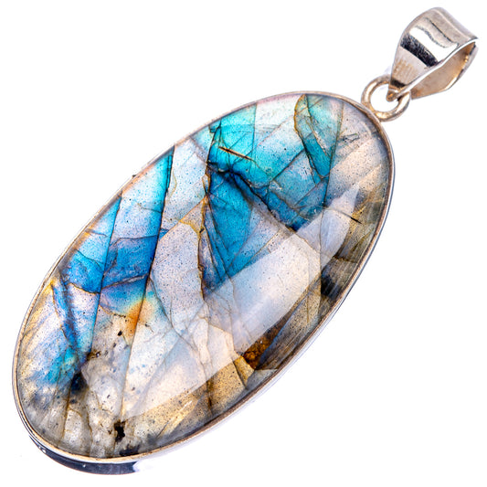 Long oval labradorite gemstone pendant in .925 sterling silver bezel, side view