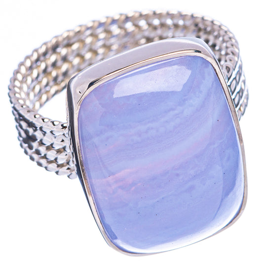 Sterling silver ring with oval blue lace agate cabochon, twisted rope band
