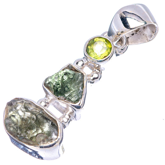 Sterling silver moldavite & peridot pendant with round green peridot and rough moldavite nugget