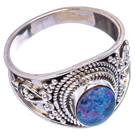 Sterling silver opal ring, oval blue-pink iridescent center with rope detailing