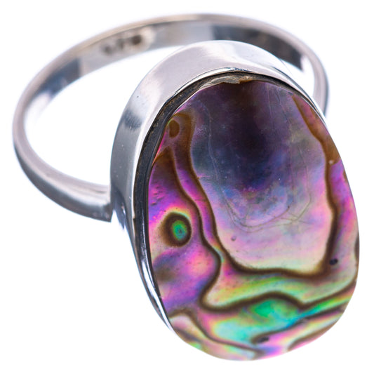 Oval abalone shell ring, size 8, with polished sterling silver band; rainbow purple and teal.