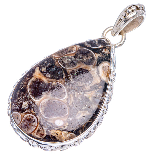 Turritella agate teardrop pendant, .925 sterling silver bail and bezel over black-and-cream stone