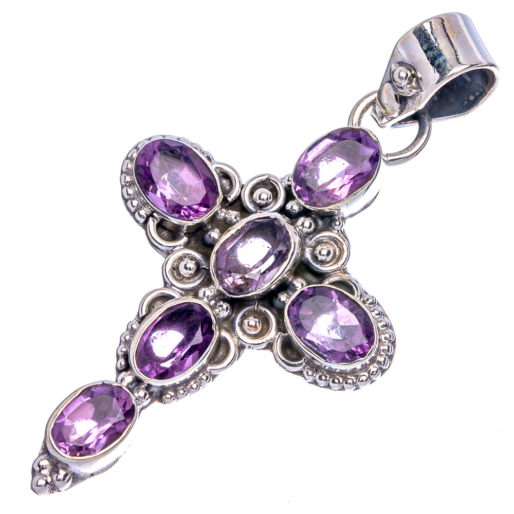 Amethyst cross pendant, 925 sterling silver, faceted oval purple stones
