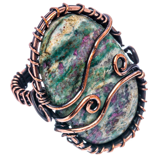 Oxidized copper wire wrap ring with oval green/purple stone and swirl bezels, size 3