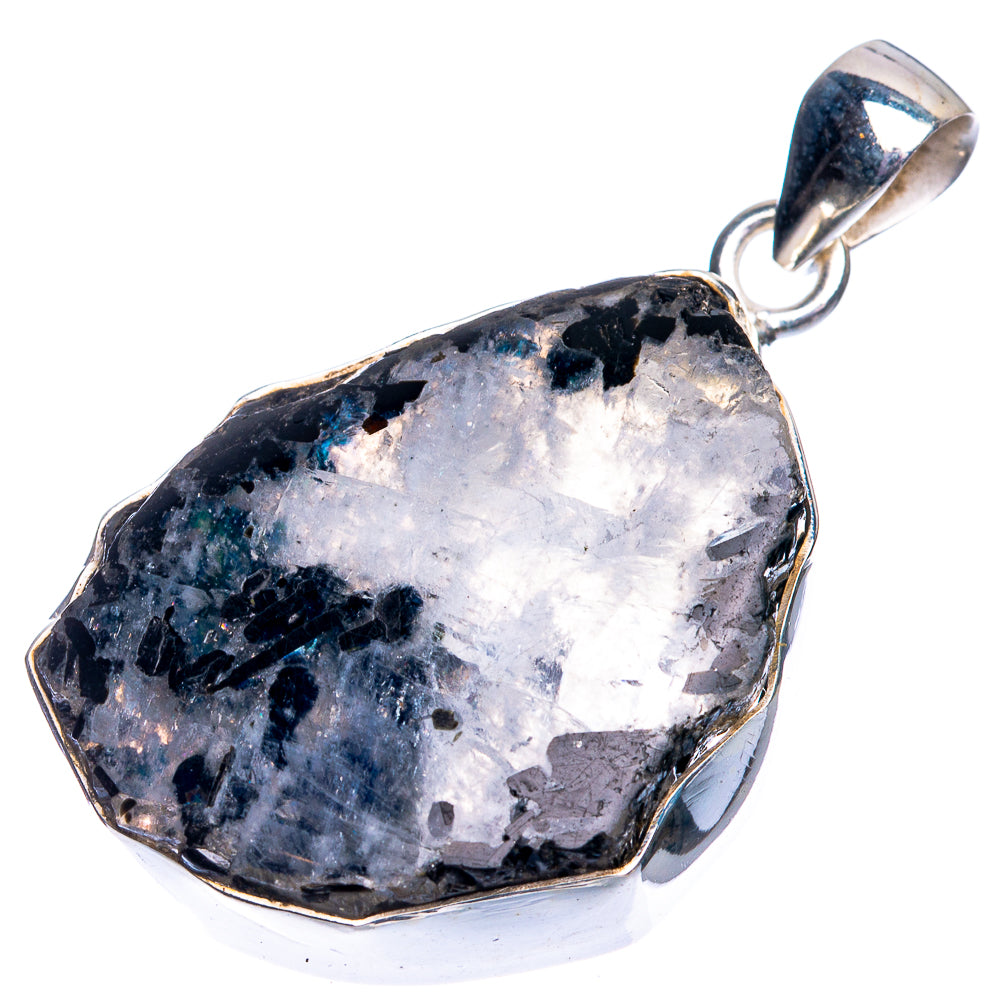 Raw rainbow moonstone pendant in sterling silver bezel, side view with loop bail