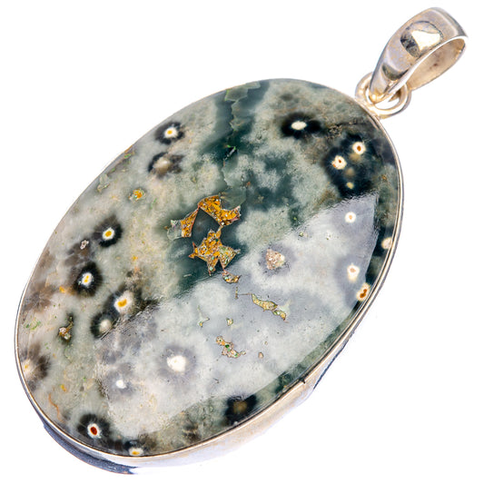 Ocean jasper oval pendant in .925 sterling silver bail, green-gray speckled stone
