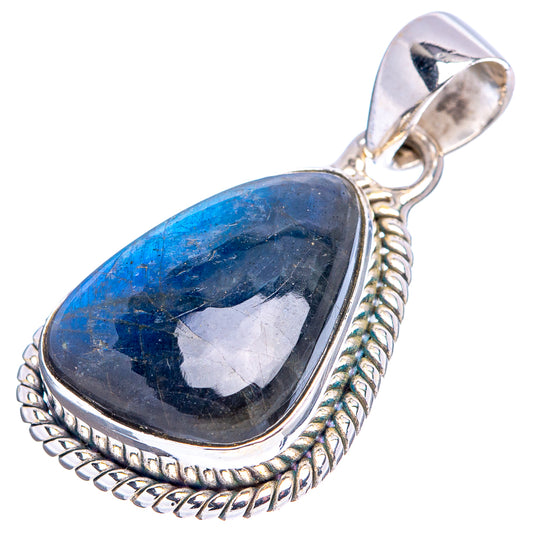 Blue labradorite teardrop pendant in 925 sterling silver with loop bail and rope trim
