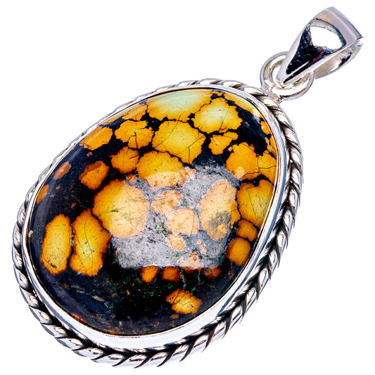 Oval sterling silver pendant bail with yellow, black, and blue mineral mosaic cabochon