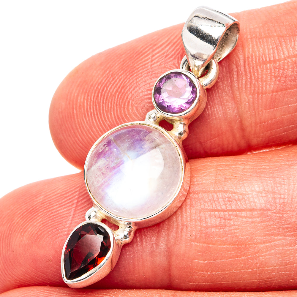 Rainbow Moonstone, Amethyst, Garnet Pendant 1 3/8" (.925 Sterling Silver)
