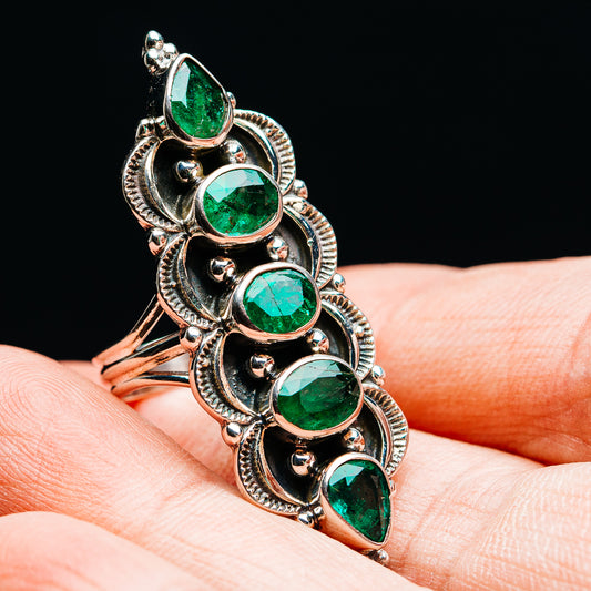 Exclusive 5-Gemstone Faceted Zambian Emerald Ring Size 6 (.925 Sterling Silver)
