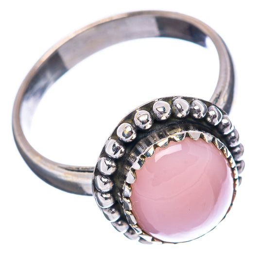 Oval pink opal cabochon ring, sterling silver with raised beaded band and bezel