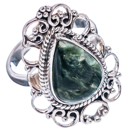 Sterling silver seraphinite ring with oval green stone and ornate filigree, size 7
