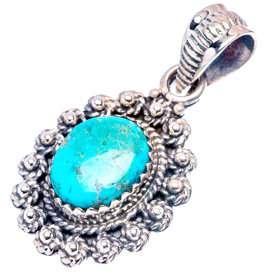 Turquoise oval cabochon pendant in embossed sterling silver beaded bezel with bail