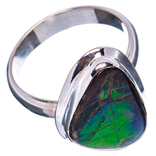 Sterling silver ammolite ring, oval green-black stone with mirrored bezel and band