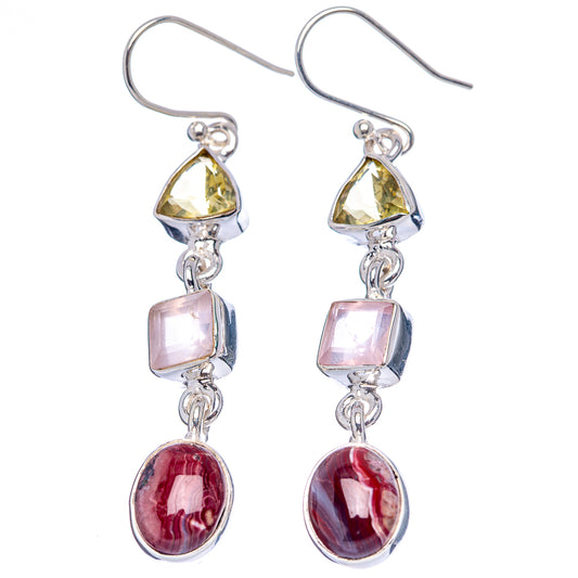 Pair of sterling silver dangle earrings: yellow triangle, rose pink square, and red oval