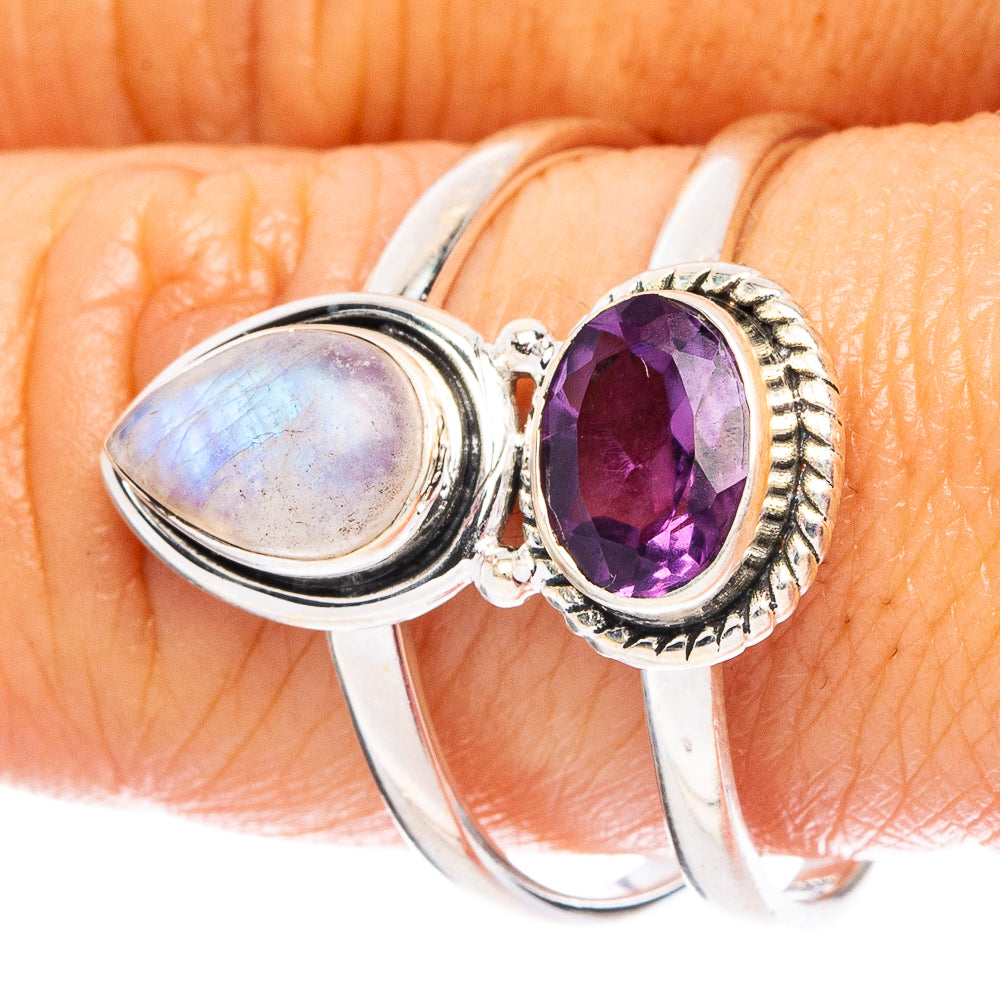 Rainbow Moonstone, Amethyst 925 Sterling Silver Ring Size 10 (925 Sterling Silver) R6313