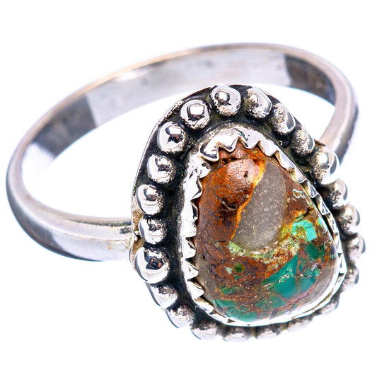 Native-style turquoise ring, oval turquoise-stone bezel with bead and scroll silver band
