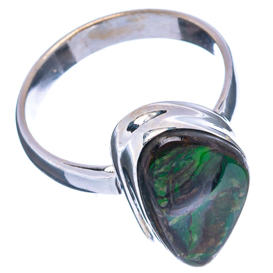 Oval ammolite ring with green-blue iridescent stone on polished sterling silver band