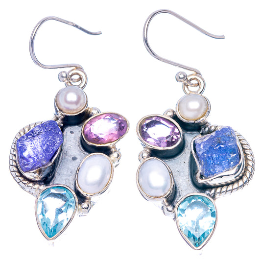 Premium Rough Tanzanite, Blue Topaz, Amethyst, Cultured Pearl Earrings 1 3/4" (925 Sterling Silver) E1717