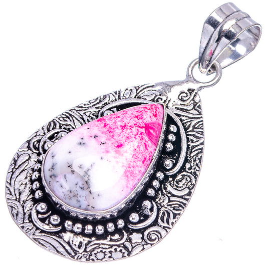 German silver teardrop opal pendant with pink center, engraved border and hanging bail