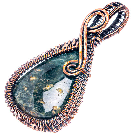 Ocean jasper teardrop pendant with oxidized copper wire coiling and loop bail