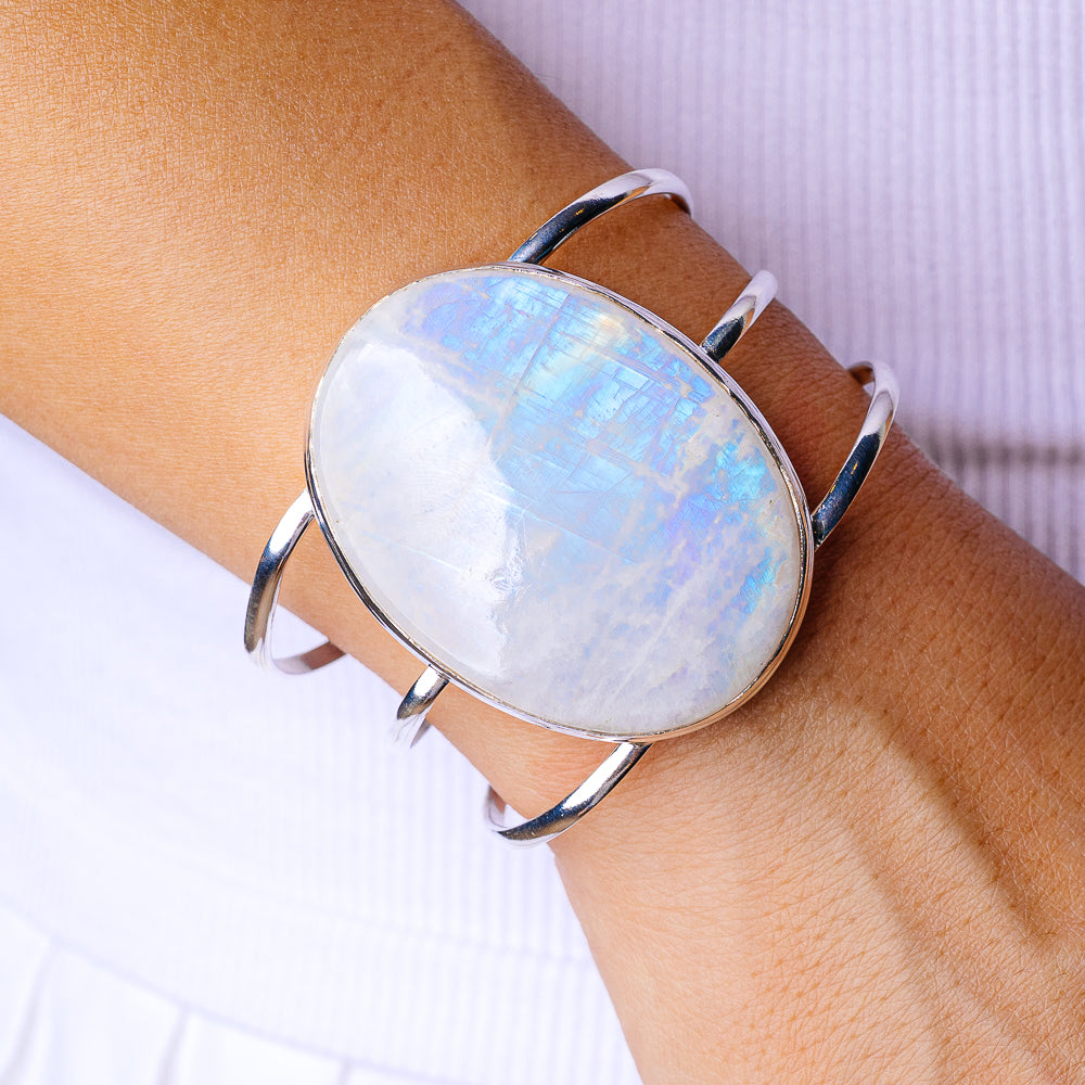 Rainbow Moonstone Bracelet Adjustable (.925 Sterling Silver)