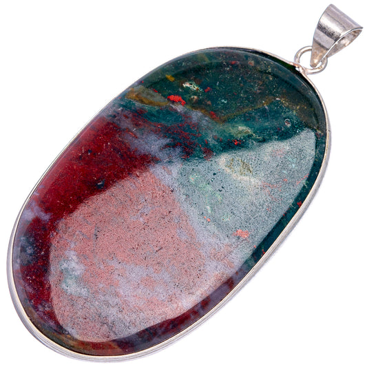 Silver-plated oval bloodstone pendant with red, green, and gray mottled stone