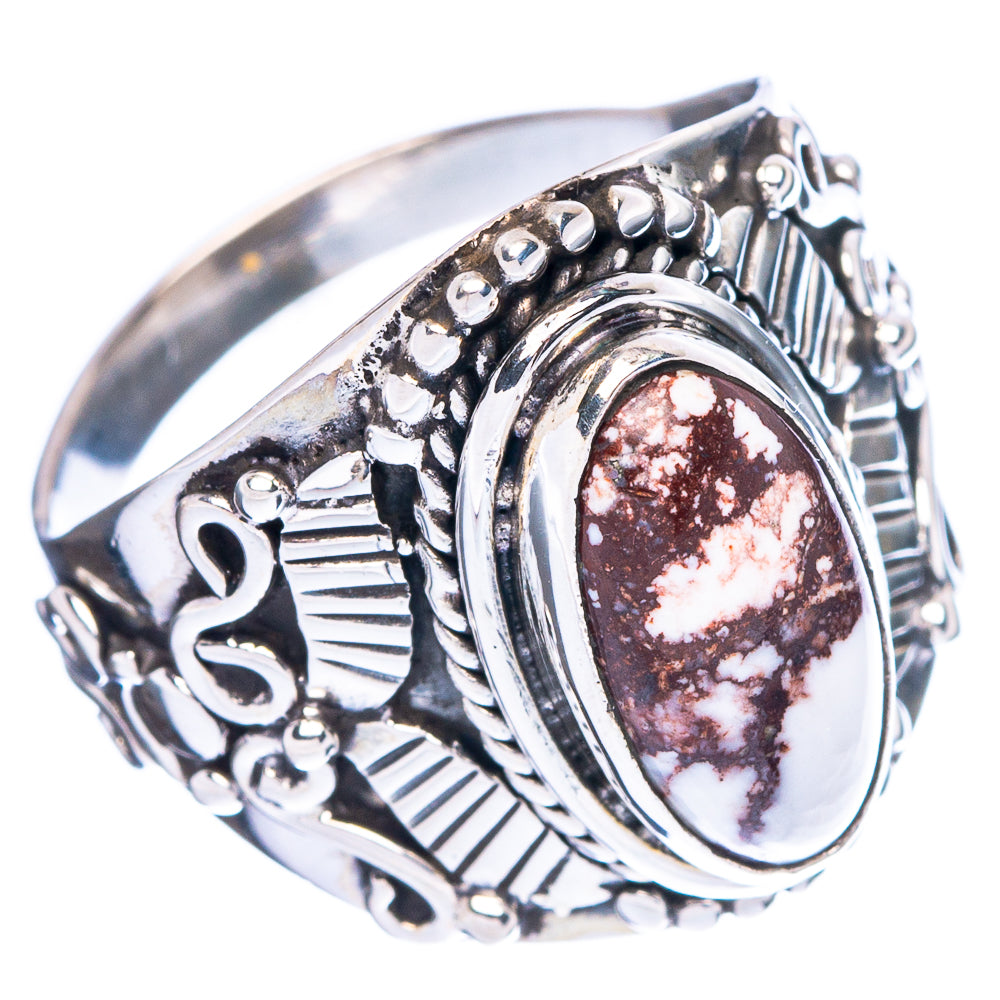 Sterling silver ring with oval wild horse jasper cabochon and ornate bezel